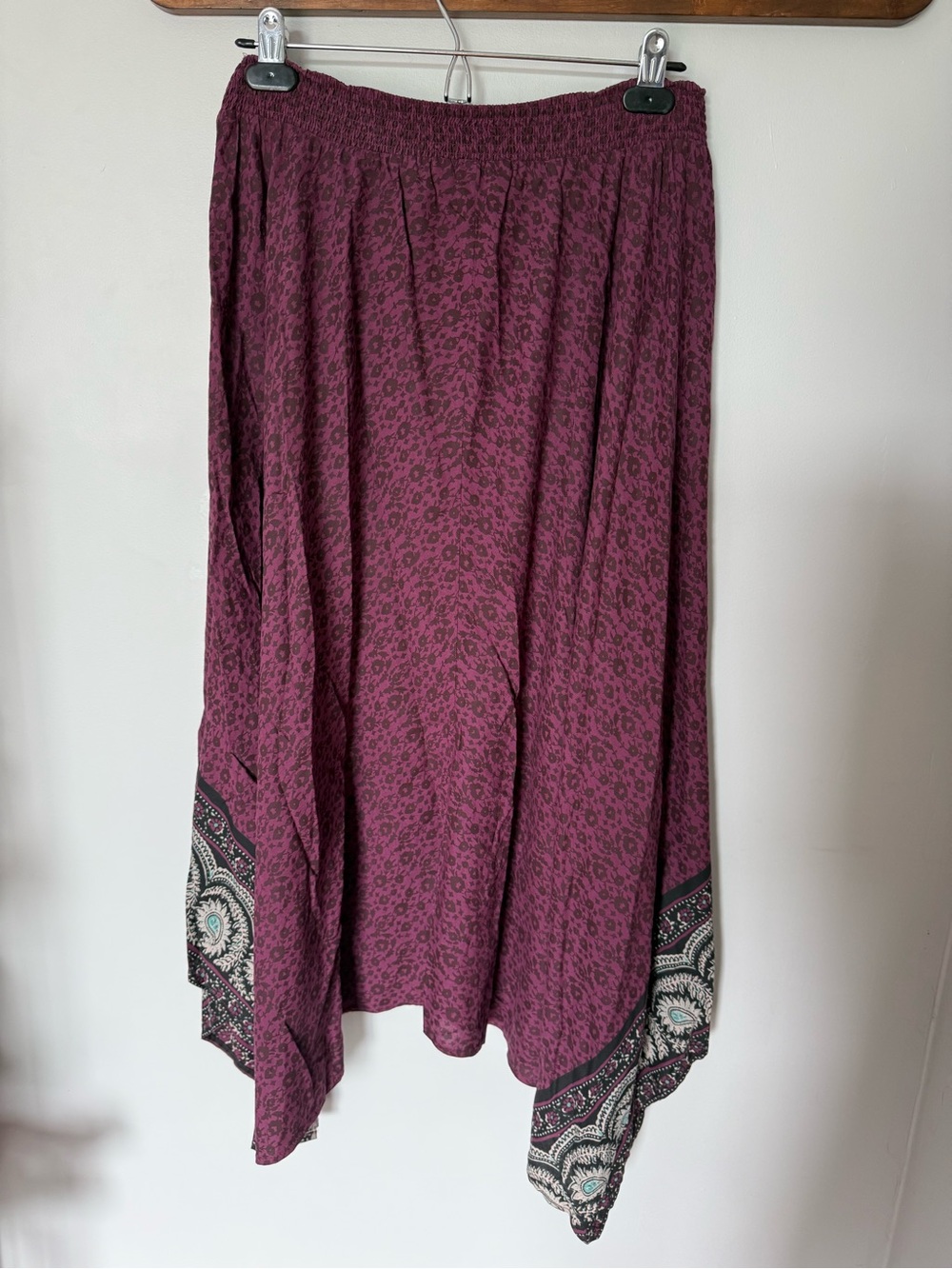 American Eagle Outfitters Plum Asymmetrical Border-Print Handkerchief Skirt - Picture 2 of 7